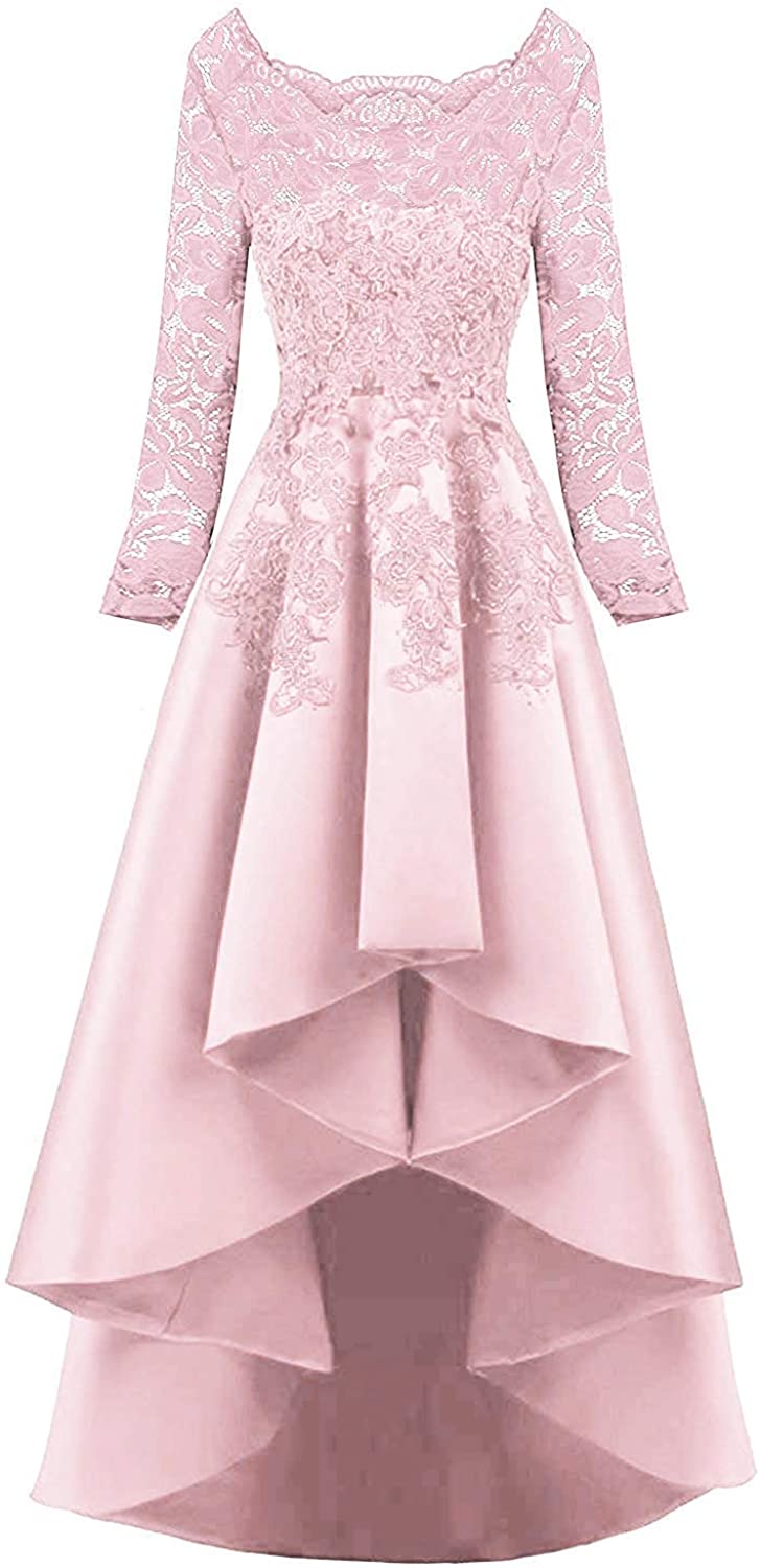 Price:$54.90    HelloLadyBridal Women's Hi-Lo Lace S Prom Dresses Satin Evening Party Gowns  Clothing
