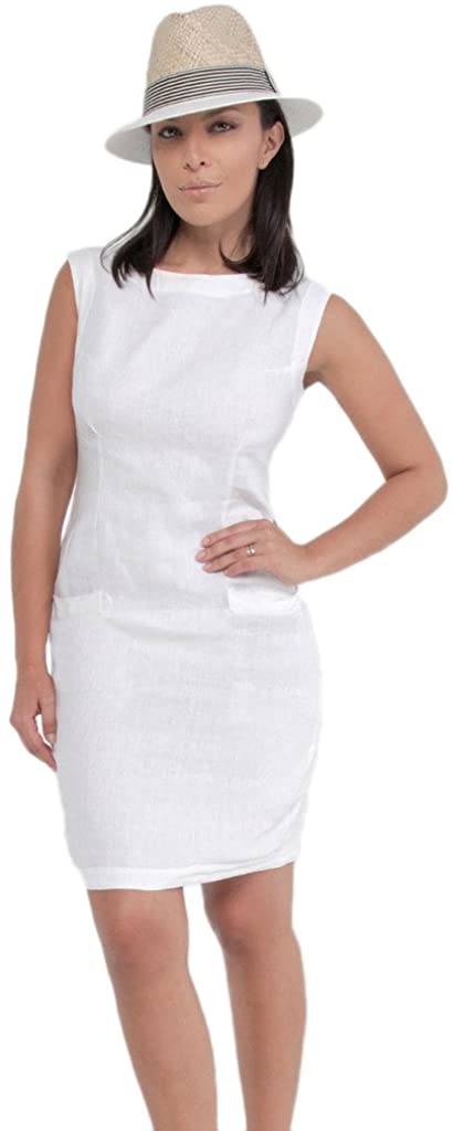 Price:$0.00    Claudio Milano Women's 100% Linen Fitted Dress with Pockets L White  Clothing