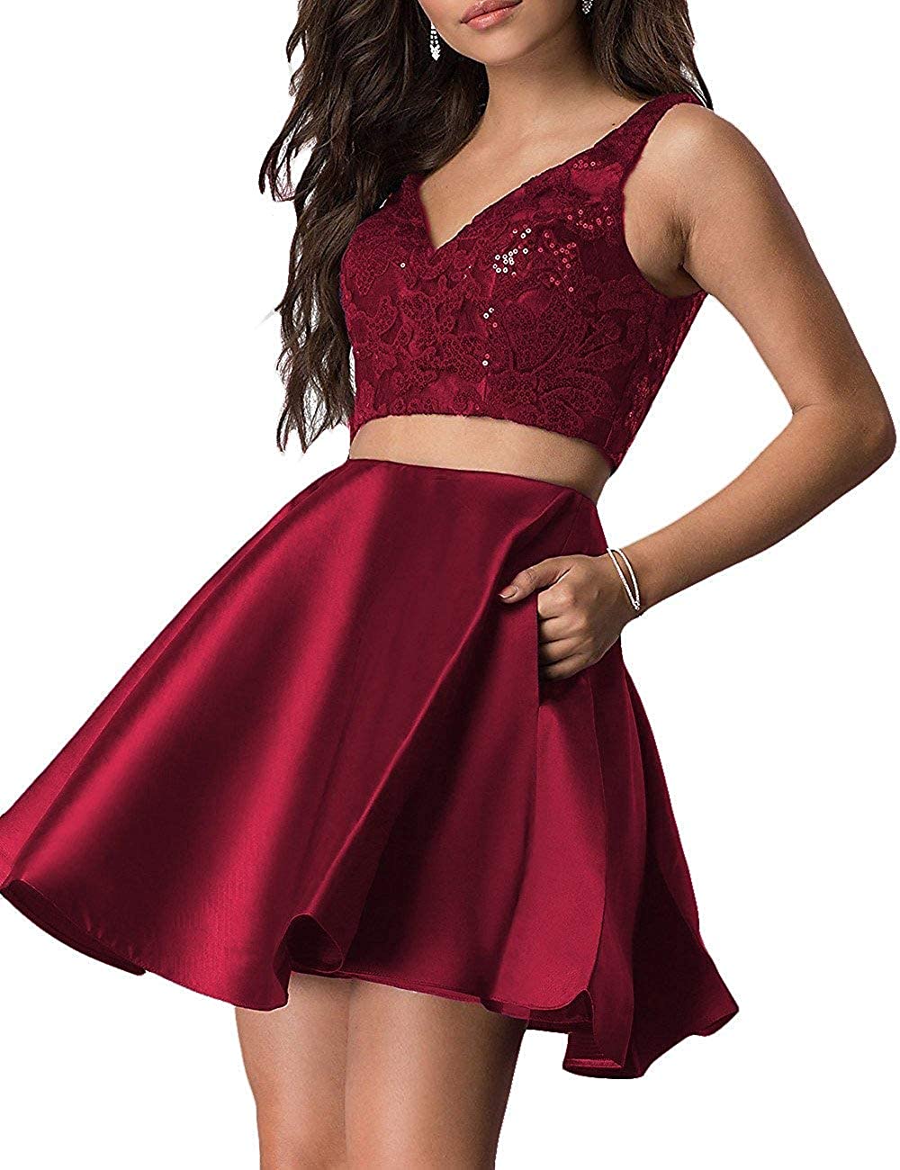 Price:$55.00    HofnDolce Women's V-Neck Two Piece Homecoming Dresses Sequin Short with Pockets Prom Gowns Red 14  Clothing