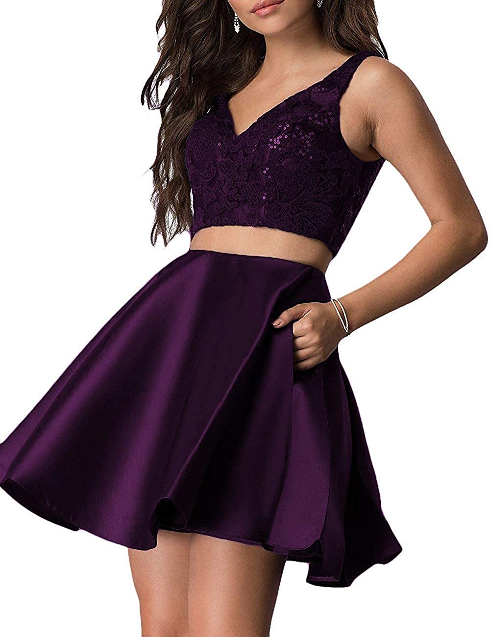 Price:$55.00    HofnDolce Women's V-Neck Two Piece Homecoming Dresses Sequin Short with Pockets Prom Gowns Plum 2  Clothing