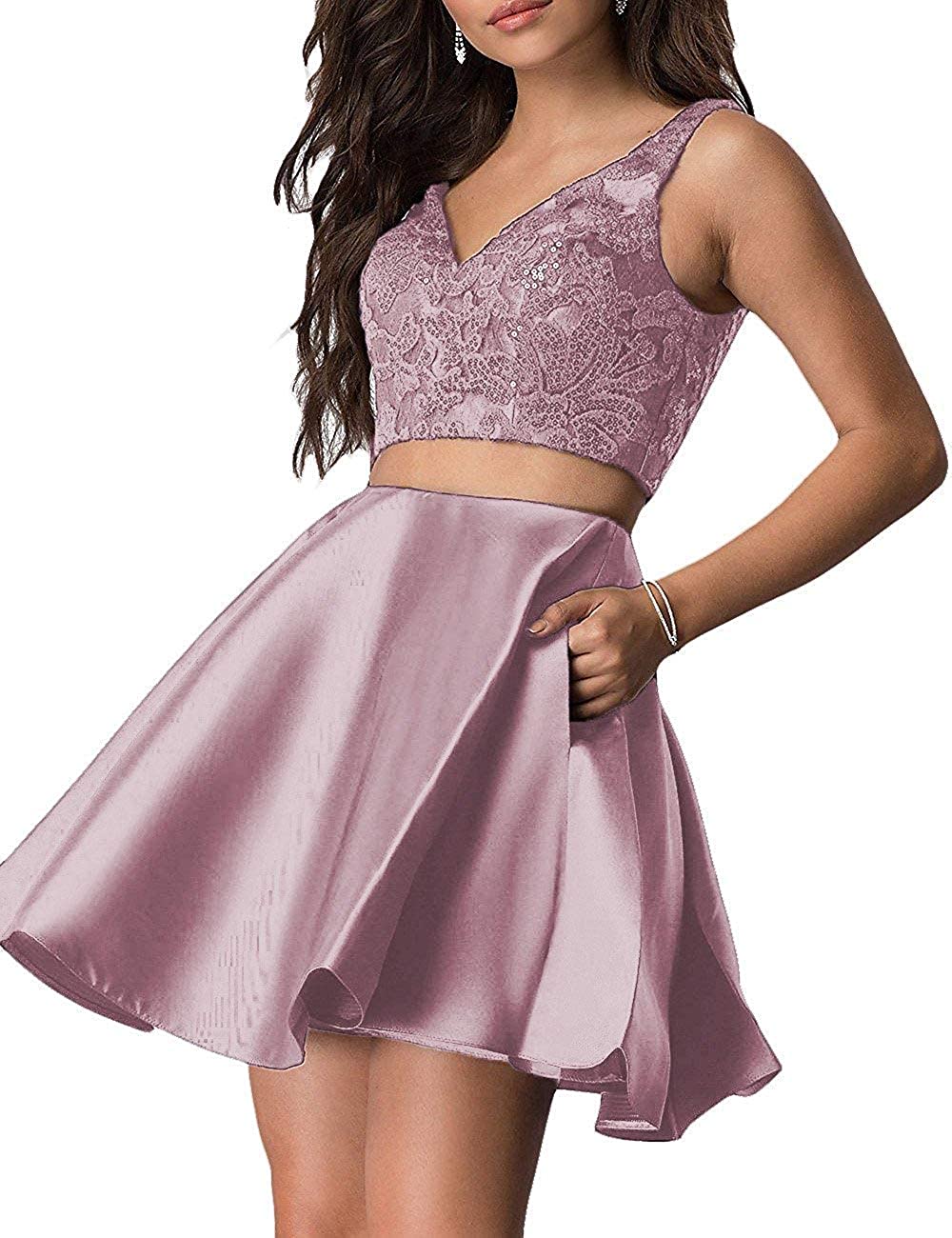 Price:$55.00    HofnDolce Women's V-Neck Two Piece Homecoming Dresses Sequin Short with Pockets Prom Gowns Dustypink 6  Clothing
