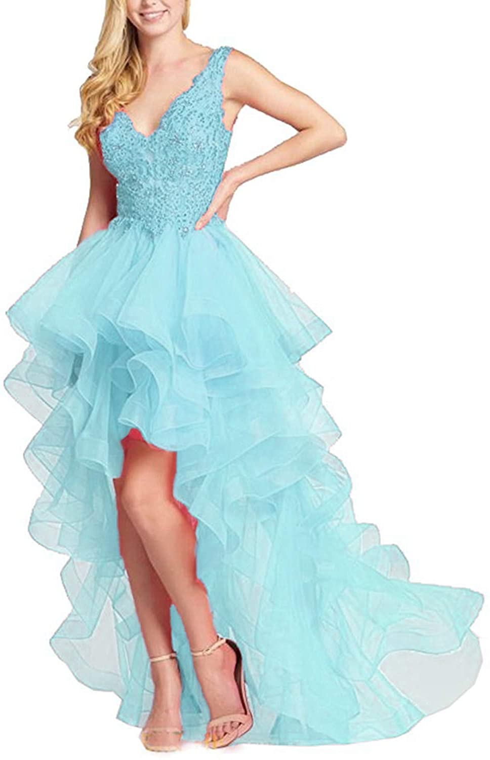 Price:$89.00    Aurora Bridal Women's Tulle High Low Prom Dress Evening Gowns A008 2 Light Blue  Clothing