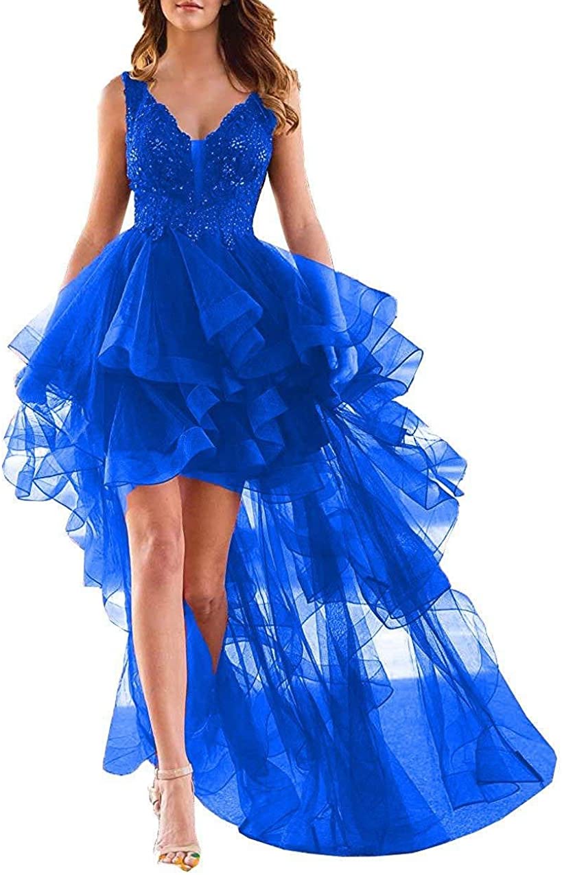 Price:$89.00    Aurora Bridal Women's Tulle High Low Prom Dress Evening Gowns A008 2 Royal Blue-1  Clothing