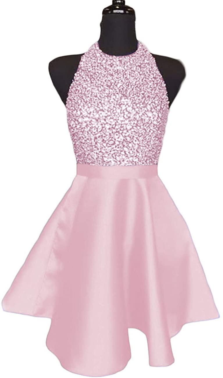 Price:$64.99    Modeldress Women's Halter Crystal Beaded Backless Short Homecoming Dresses Prom Party Gowns  Clothing