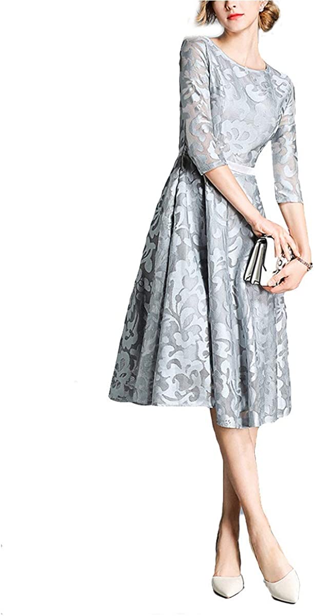 Price:$0.00 Flower Embroidery Lace Stitching Half Sleeves Perspective Slim Big Hem Dress (Color   Grey, Size   S) at Amazon Women’s Clothing store