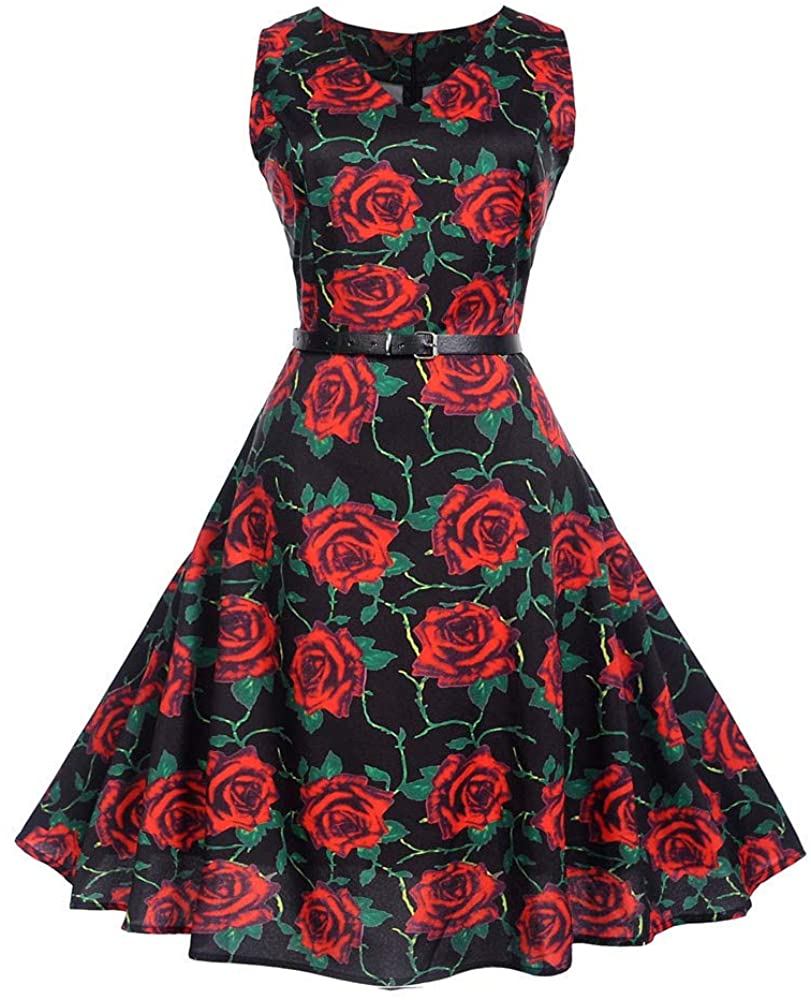Price:$2.89 COOKI Women Vintage Rose Sleeveless V-Neck Classy Floral Dress 1950s Retro Rockabilly Prom Cocktail Party Swing Dress at Amazon Women’s Clothing store