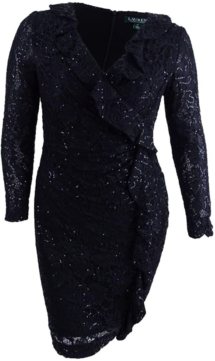 Price:$79.98    Ralph Lauren Lauren Petite Black Lace Ruffled V-Neck Long Sleeve Sheath Dress  Clothing
