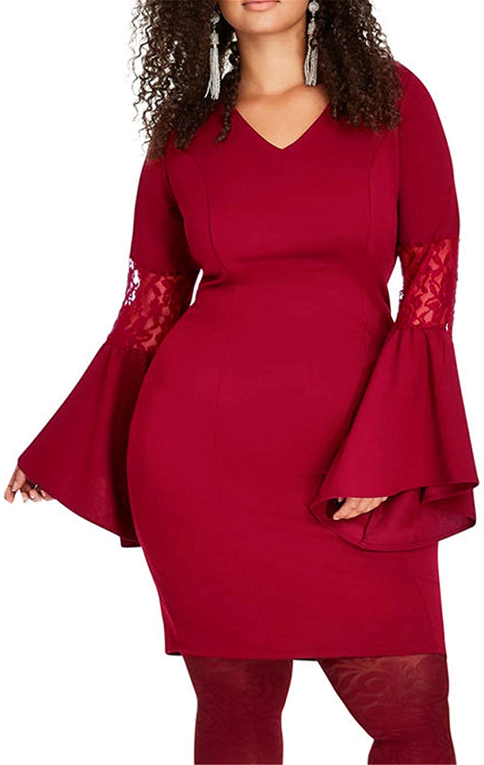 Price:$25.87 Plus Size Long Sleeve Bell Trumpet Flared Flare Sleeve Lace Spliced Deep V Neck Midi Bodycon Dress at Amazon Women’s Clothing store