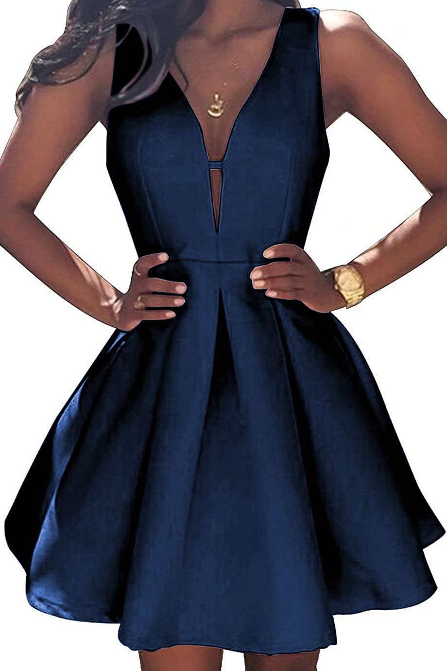 Price:$66.99    YORFORMALS Women's V-Neck A-line Satin Short Formal Evening Party Gown Homecoming Dress with Ruched Skirt Size 6 Navy Blue  Clothing