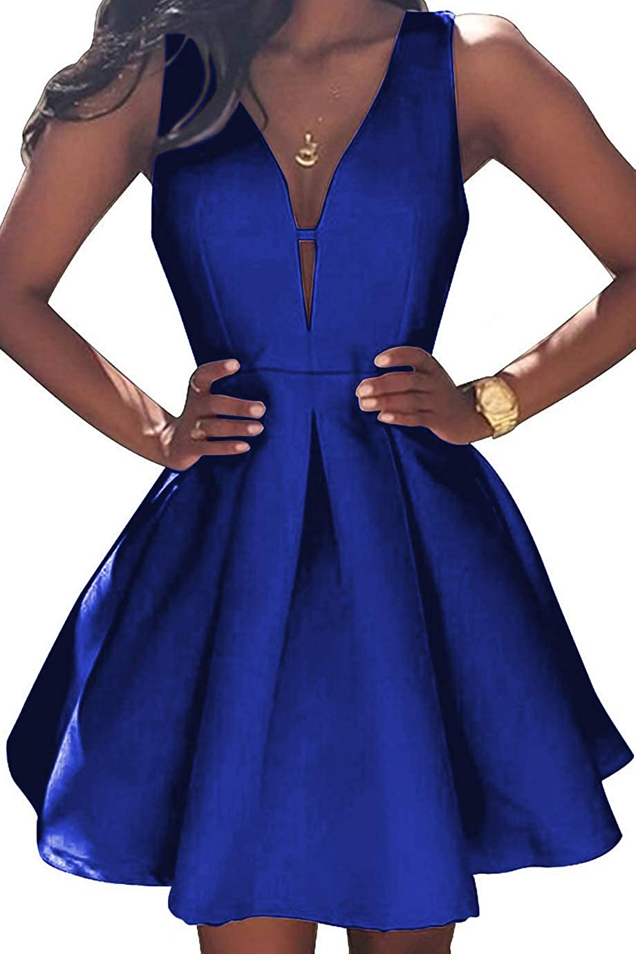 Price:$66.99    YORFORMALS Women's V-Neck A-line Satin Short Homecoming Dress Evening Party Ball Gown with Ruched Skirt Size 2 Royal Blue  Clothing