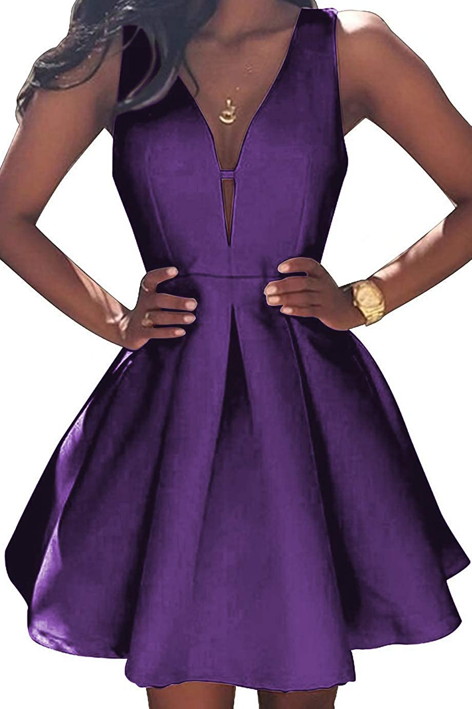 Price:$0.00    Women's V-Neck A-line Satin Short Evening Prom Dress Formal Party Ball Gown with Ruched Skirt Size 4 Purple  Clothing