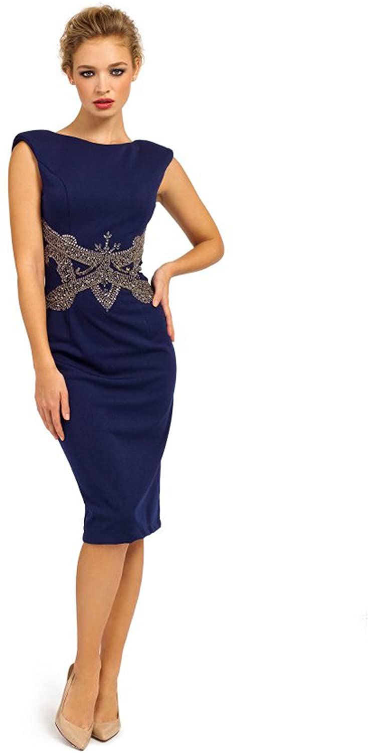 Price:$120.00    Little Mistress Women’s Sleeveless Embellished Waist V Back Bodycon Dress, Navy Size 4  Clothing