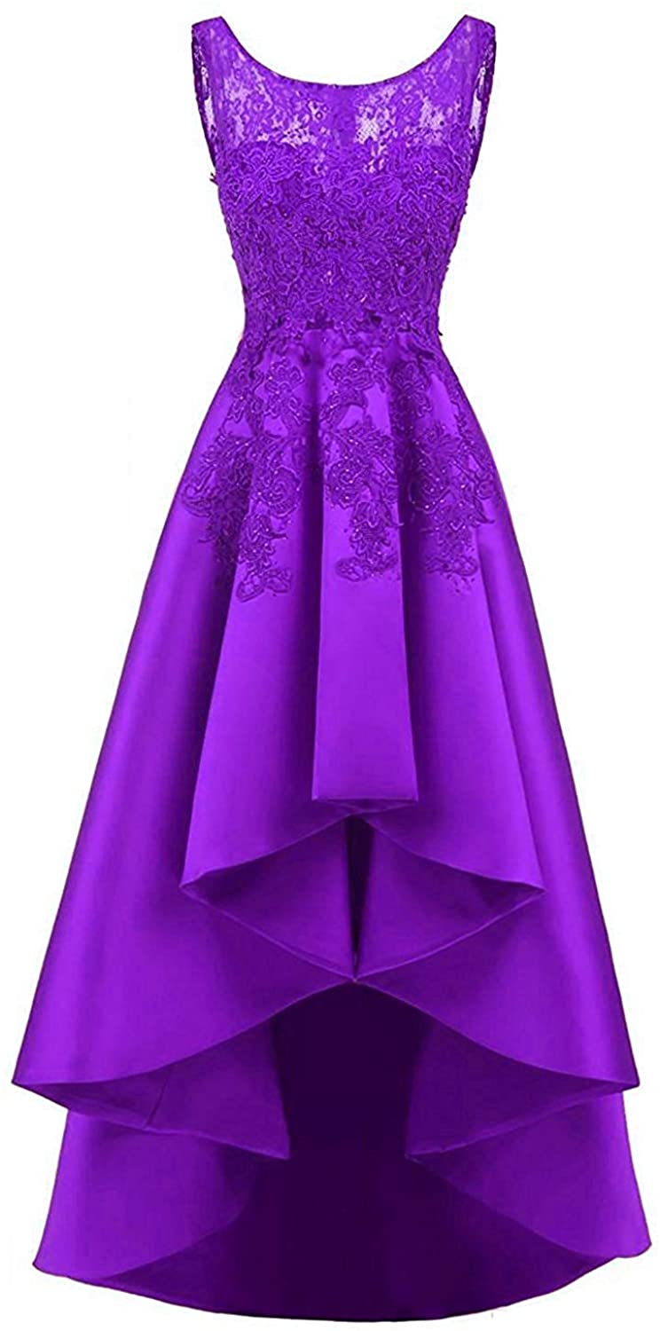 Price:$54.90    HelloLadyBridal Women's Hi-Lo Lace S Prom Dresses Satin Evening Party Gowns  Clothing