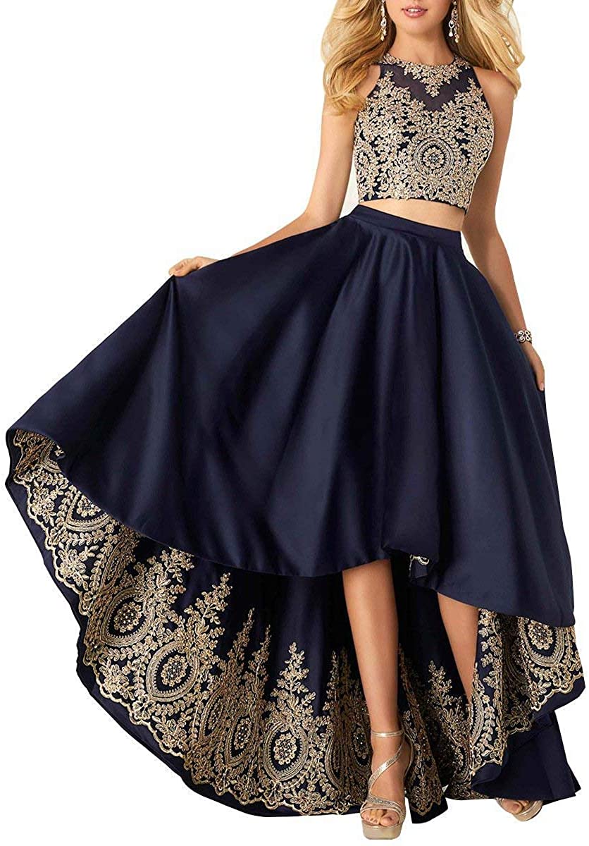 Price:$84.99    MKbridal Women's Hi-Low Dress Satin Lace A-Line Two Piece Prom Gown With Pockets  Clothing