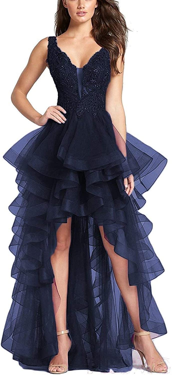 Price:$89.00    Aurora Bridal Women's Tulle High Low Prom Evening Gowns A008 2 Navy Blue  Clothing