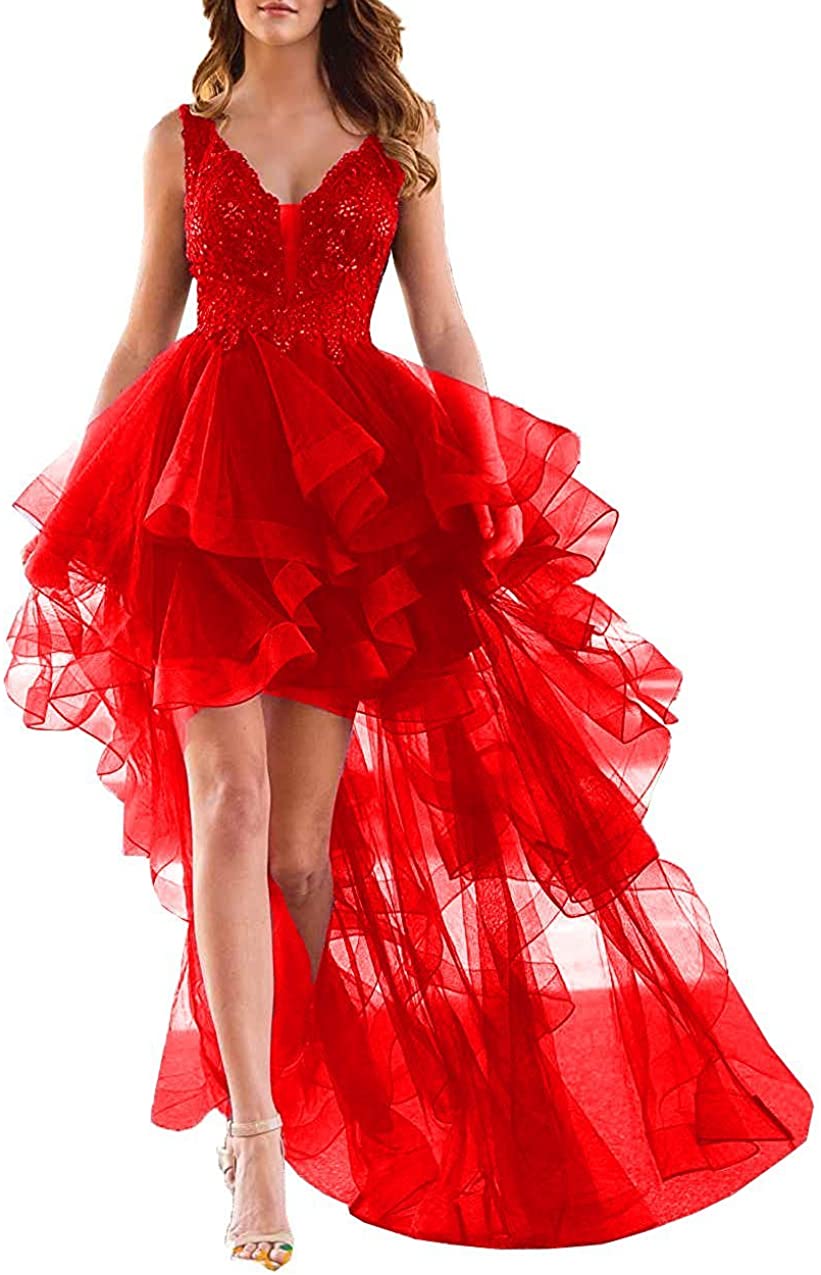 Price:$89.00    Aurora Bridal Women's Tulle High Low Prom Dress Evening Gowns A008 8 Red  Clothing