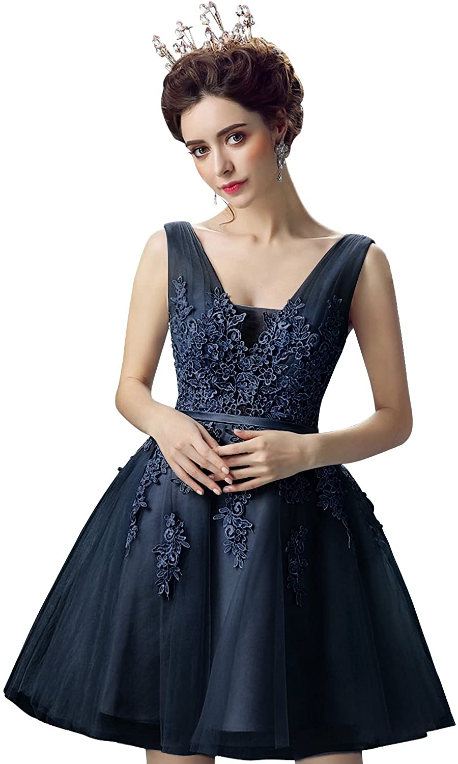 Price:$58.99 MisShow Double V Neck Lace Applique Tulle Cocktail Homecoming Dresses at Amazon Women’s Clothing store