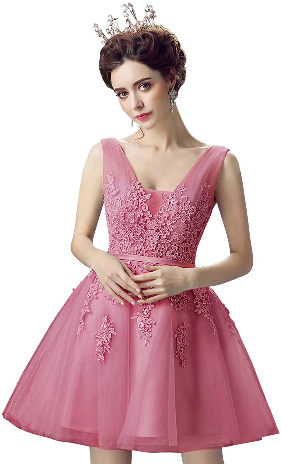Price:$58.99    MisShow Double V Neck A Line Lace Applique Tulle Cocktail Homecoming Dresses Short Dusty Pink  Clothing