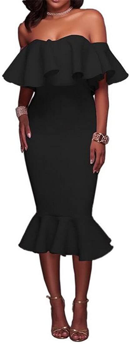 Price:$6.26    KLJR Women Fashion Ruffle Off Shoulder Party Fishtail Cocktail Dress Black US M  Clothing