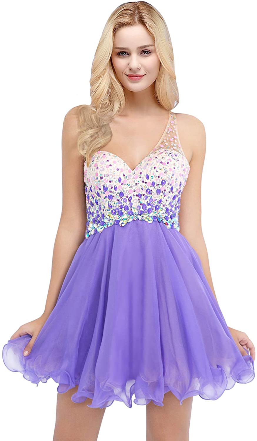 Price:$60.99 MisShow Women One Shoulder Rhinestones A Line Short Homecoming Prom Party Dress at Amazon Women’s Clothing store