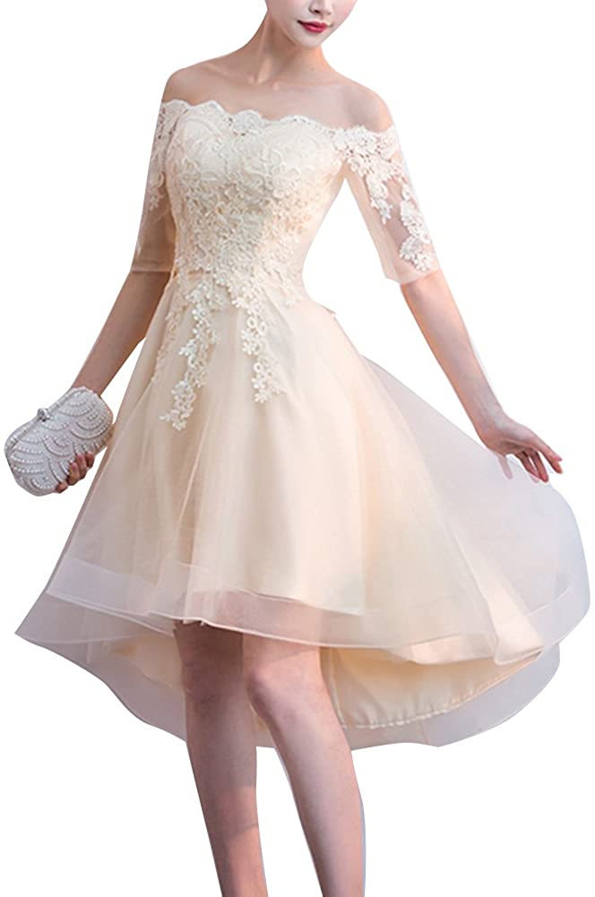 Price:$25.98 PROMLINK Lace Off Shoulder Prom Homecoming Dress High Low Evening Gown for Women at Amazon Women’s Clothing store