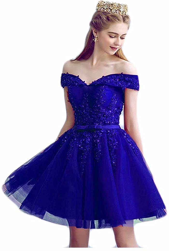 Price:$69.99 Tulle Homecoming Dresses Lace Appliques Off Shoulder Short Graduation Formal Cocktail Party Gowns for Juniors at Amazon Women’s Clothing store