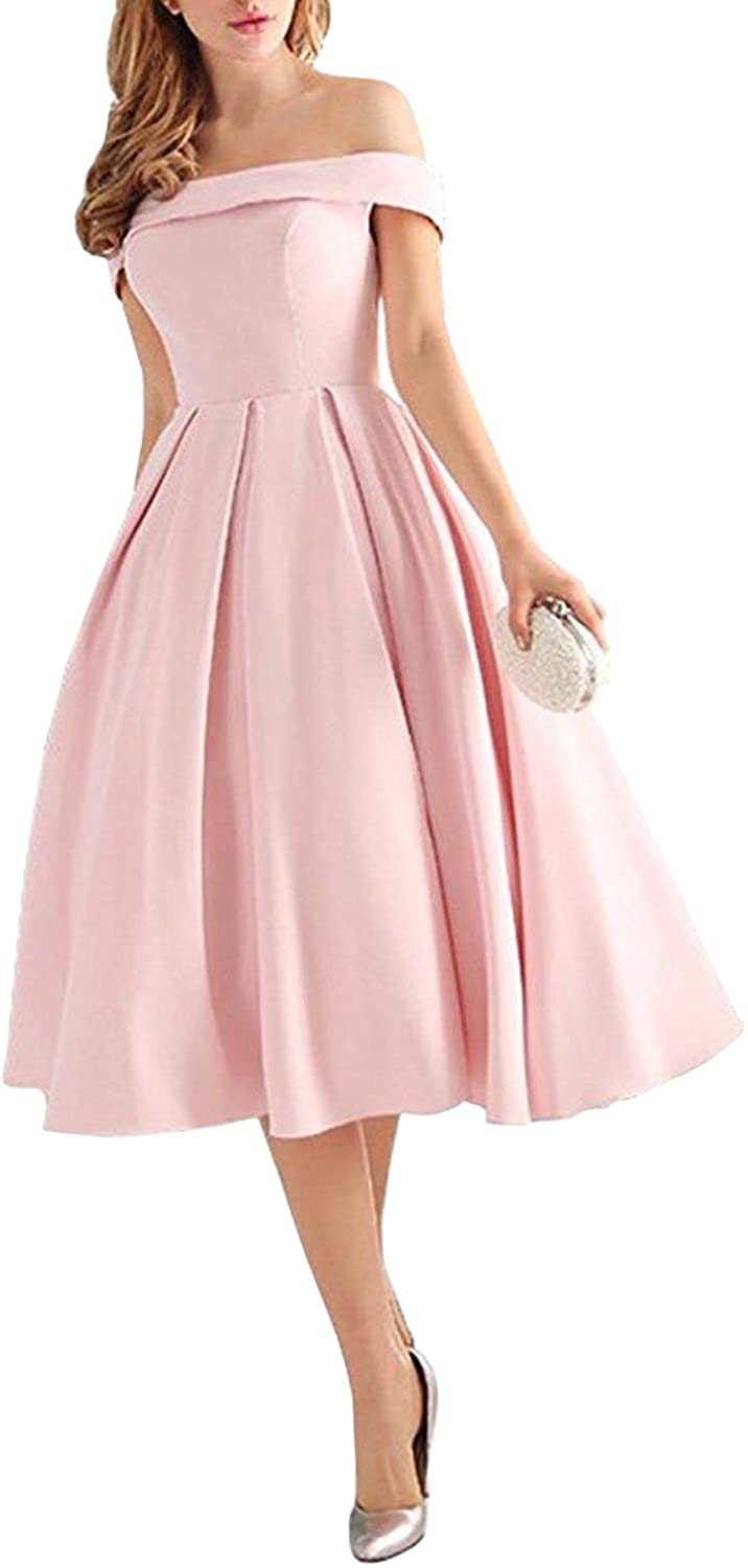 Price:$59.99 JINGDRESS Women Off Shoulder Prom Dress with Pleats Satin Cocktail Evening Dress Tea Length for Women at Amazon Women’s Clothing store