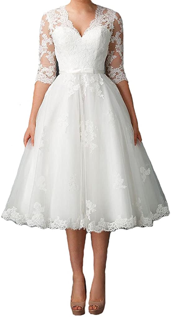 Price:$0.00 Graceprom Women's Tea Length Wedding Dresses for Bride Half Sleeves v Neck Bridal Gowns at Amazon Women’s Clothing store