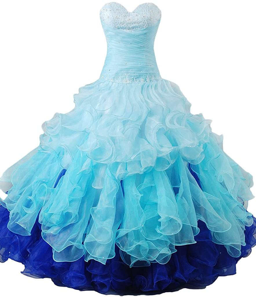 Price:$127.00    Snowskite Women's Ball Gown Sweetheart Rainbow Long Beaded Ruffle Quinceanera Dress  Clothing