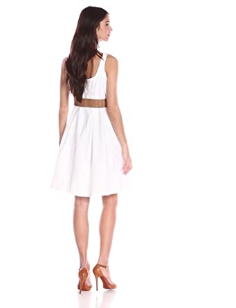 Price:$34.98    NINE WEST Women's Sleeveless Belted Fit and Flare Dress with Pleats, Petal White, 14  Clothing
