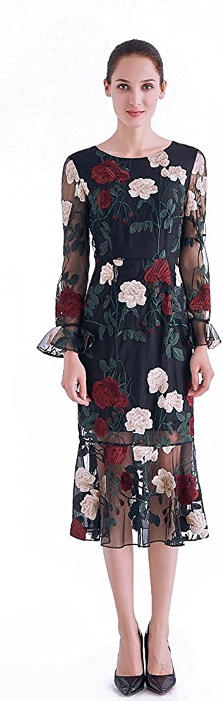 Price:$0.00    CG Chris Gelinas CG Women ' s Round Collar Retro Waist Pagoda Sleeve Handmade Embroidery Pencil Evening Dress Fishtail Skir  Clothing