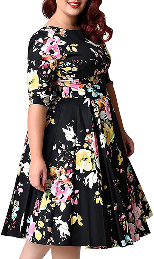 Price:$37.65 zhbotaolang Lady 1950s Retro Swing Dress Oversize Floral Party Dresses at Amazon Women’s Clothing store