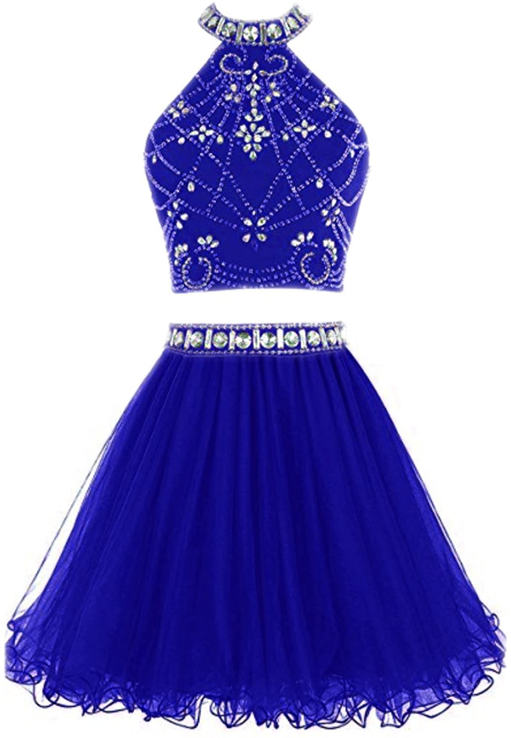 Price:$84.90    LEJY Halter Mini Homecoming Dress Beaded Two Pieces Prom Dress Short  Clothing