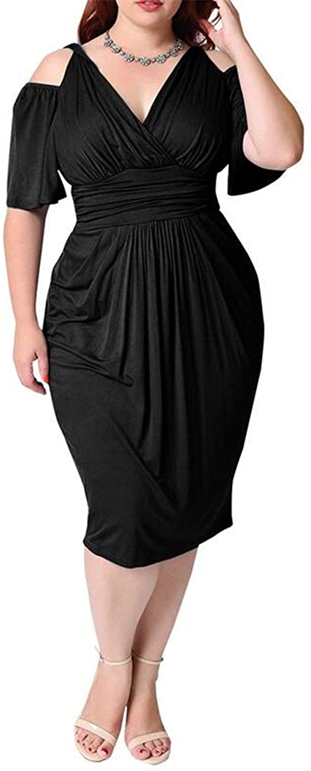 Price:$11.17 UUYUK-Women Plus Size Cold Shoulder V Neck Solid Color Ruched Party Club Midi Dress at Amazon Women’s Clothing store