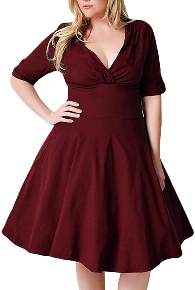 Price:$19.58 UUYUK-Women V-Neck Pleated Plus Size Half Sleeve Cocktail Swing Dress at Amazon Women’s Clothing store