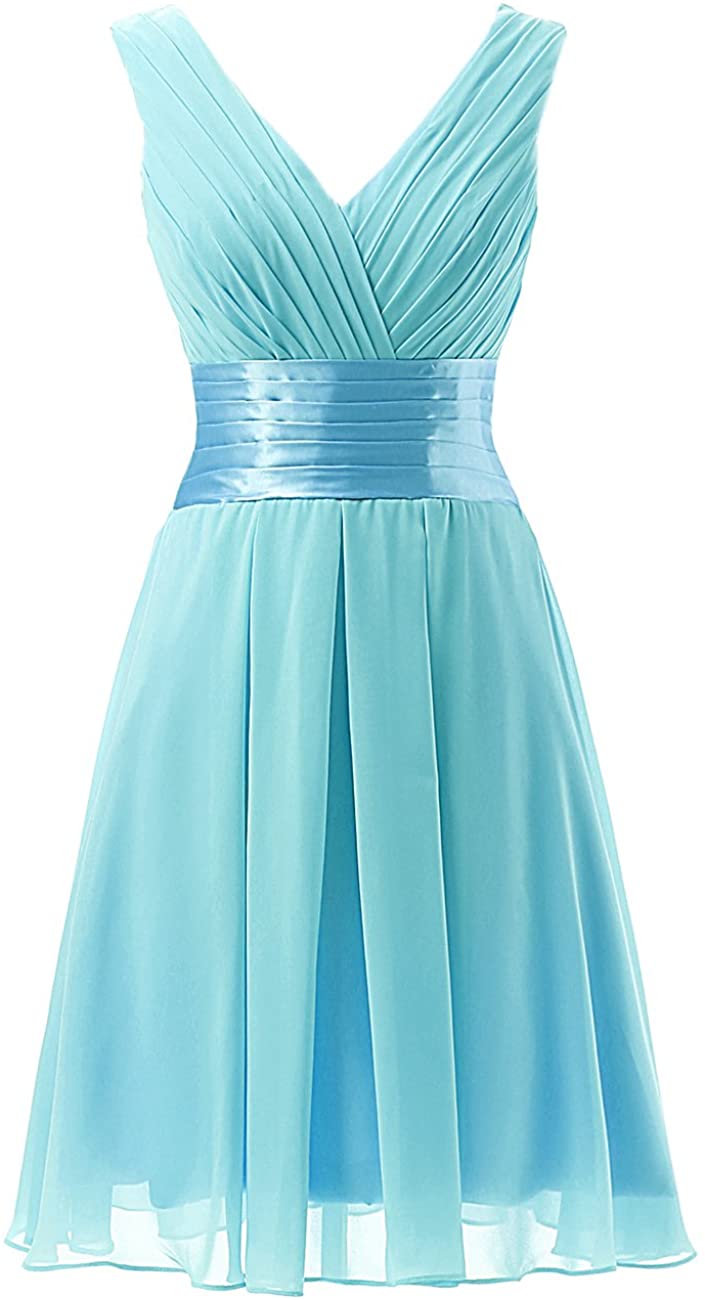 Price:$0.00    JAEDEN Short Bridesmaid Dresses Chiffon V Neck Prom Gown Pleat Knee Length Blue US10  Clothing