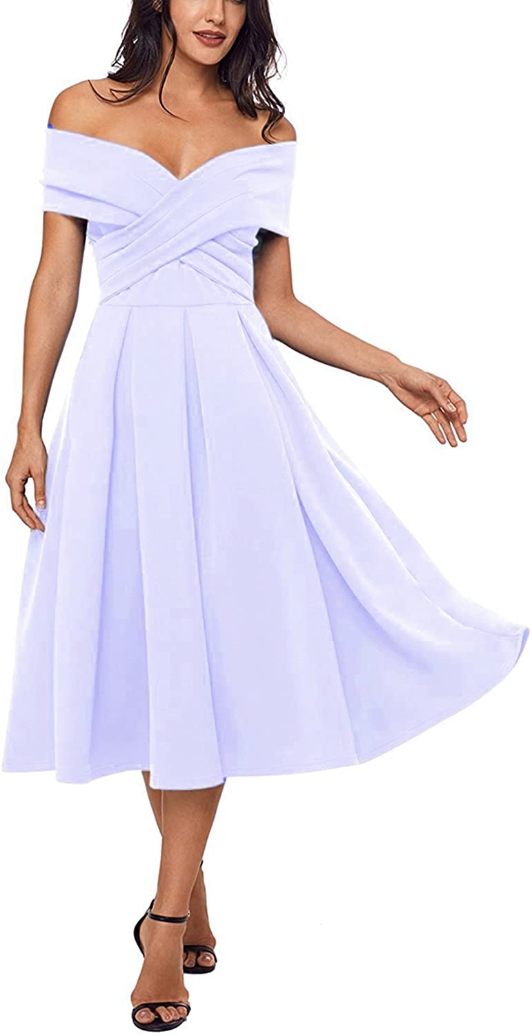 Price:$78.89    PEARL BRIDAL HOUSE PearlBridal Women's V-Neck Off-Shoulder Tea Length Prom Dresses Satin Party Gown Lavender Size 20plus  Clothing
