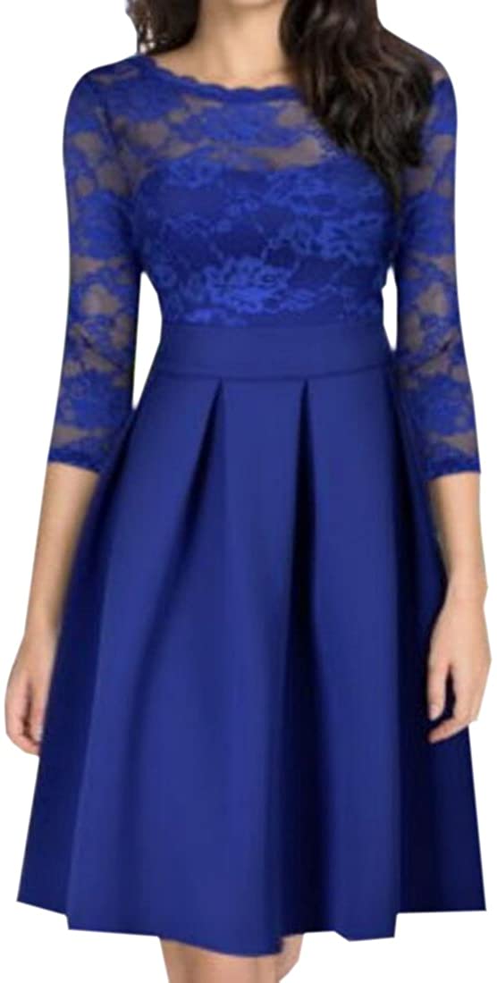 Price:$9.53    KLJR-Women Retro 50s Floral Lace 3/4 Sleeve Cocktail Party Swing Dress Blue US M  Clothing