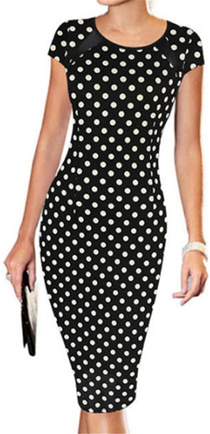 Price:$6.66 KLJR-Women Elegant Short Sleeve Polka Dot Slim Fit Bodycon Pencil Office Dress Black US M at Amazon Women’s Clothing store
