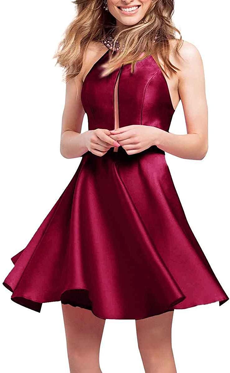 Price:$0.00    Ruisha Women Halter Beaded Short Prom Homecoming Dresses Satin Cocktail Party Dresses RS0094 US 14 Burgundy  Clothing