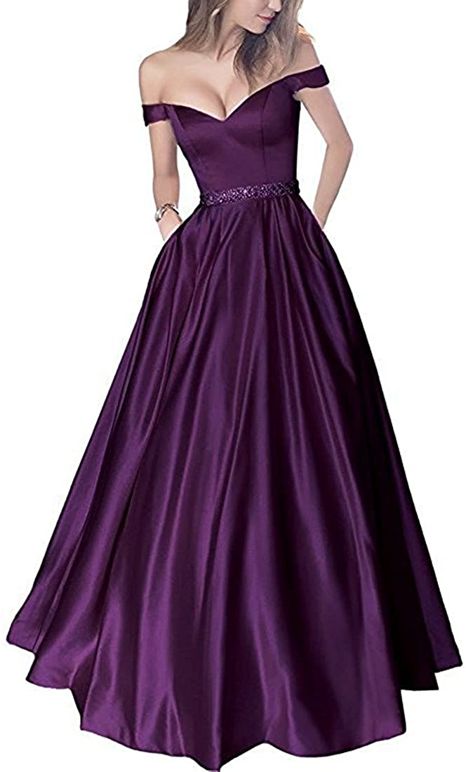 Price:$86.95 Lemai Women's Off Shoulder Beaded Satin V Neck Corset Long Prom Dresses at Amazon Women’s Clothing store