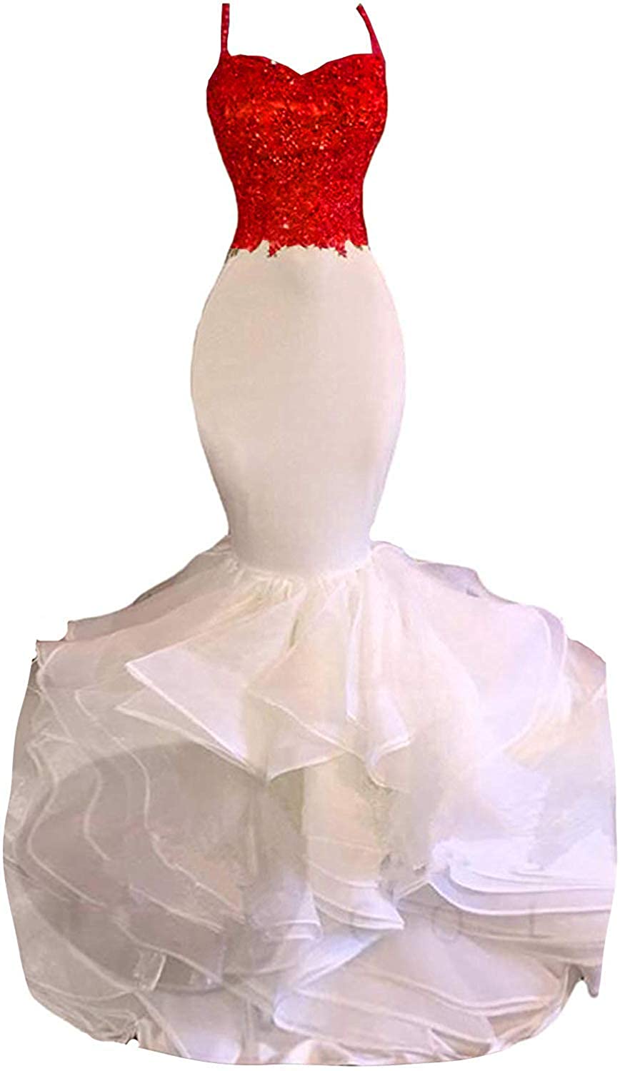 Price:$129.99    Women's Gold Lace Mermaid Spaghetti Strap Organza Evening Prom Dress Red US 2  Clothing