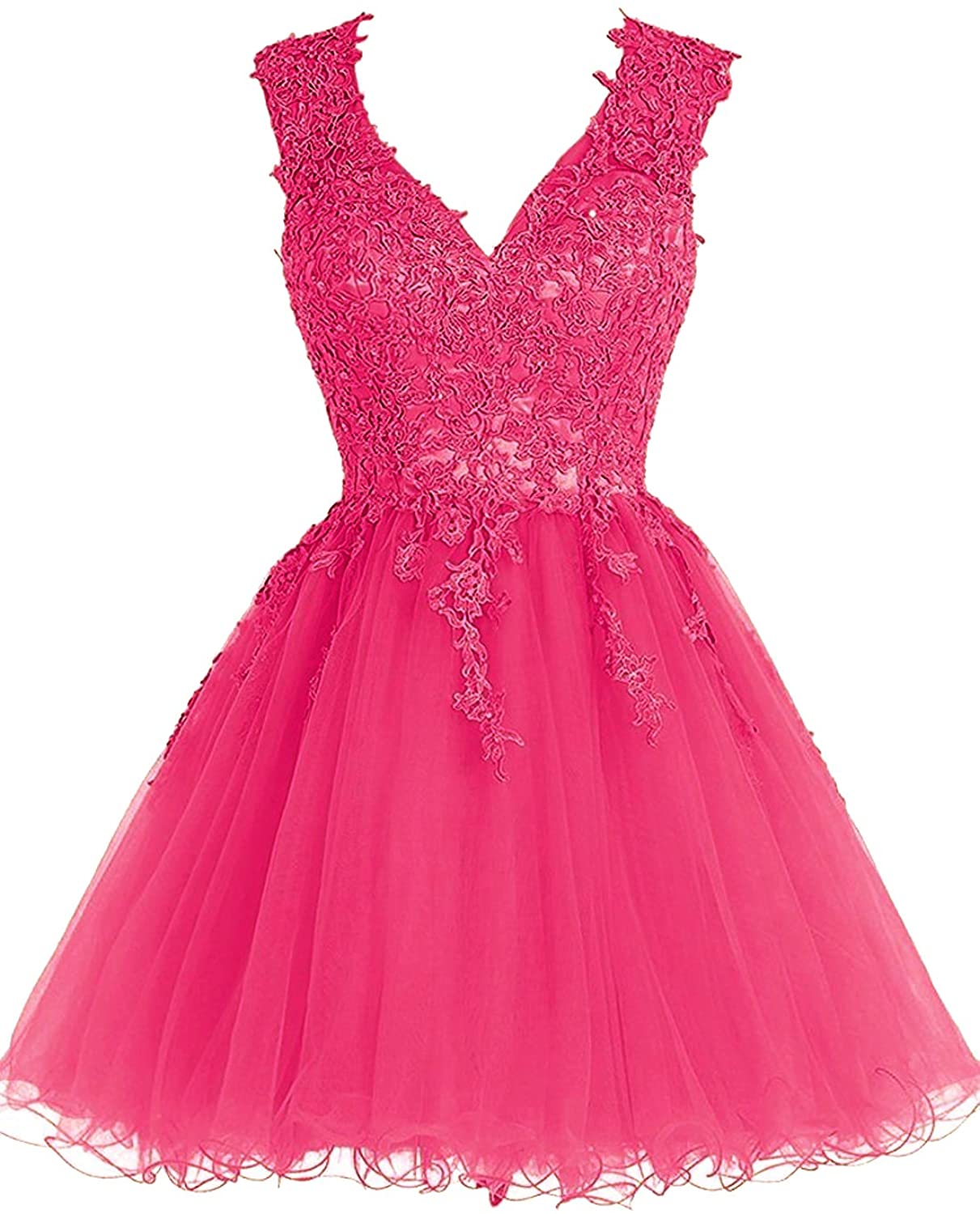 Price:$74.99    Homecoming Dress Short Cocktail Dress Lace Homecoming Dresses Tulle Appliques Prom Dress V Neck  Clothing