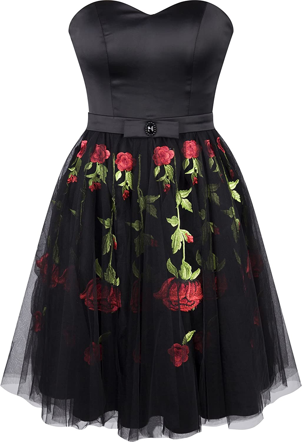 Price:$48.99    Angel-fashions Women's Strapless Satin A-line Tulle Floral Embroidery Short Dress Small Black  Clothing