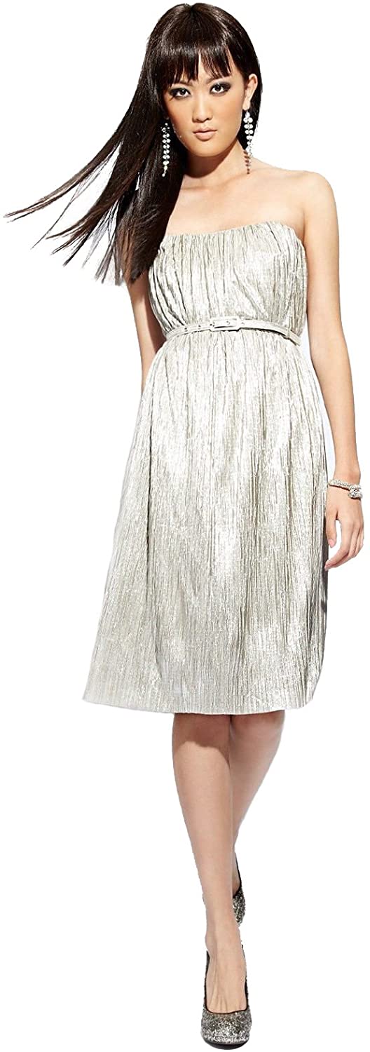 Price:$175.00    French Connection Womens Metallic Strapless Cocktail Dress Silver 0  Clothing