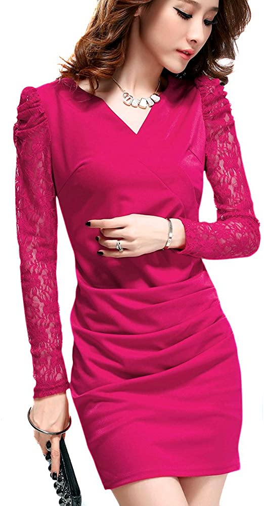 Price:$24.99 LOCOMO Floral Lace V Neck Pleated Ruffle Ruched Sheer Bodycon Dress FFD067ROS at Amazon Women’s Clothing store