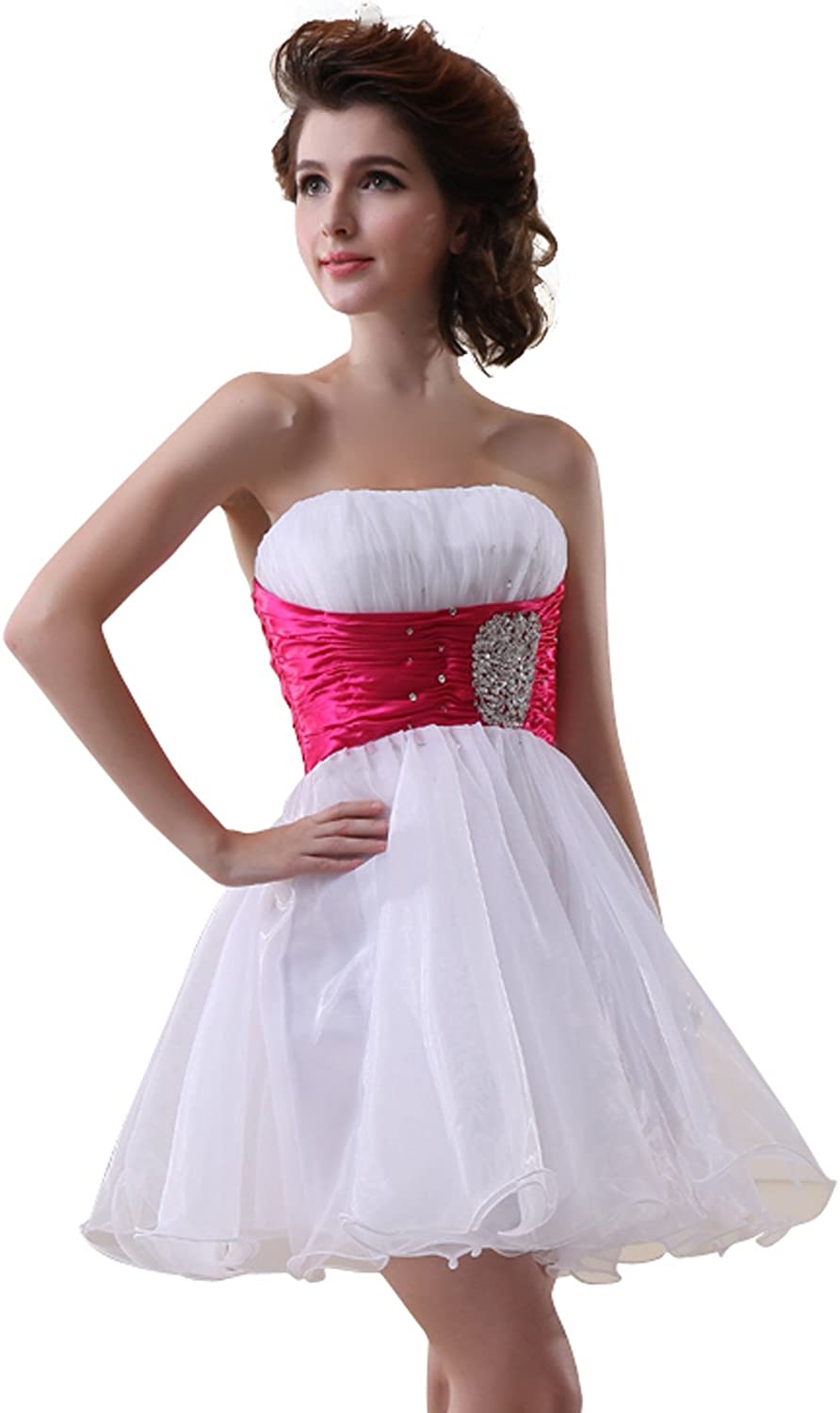 Price:$9.90    Sarahbridal Women's Fashion Beaded Short Gowns Homecoming Prom Cocktail Party Mini Dress White and Fuchsia U10  Clothing