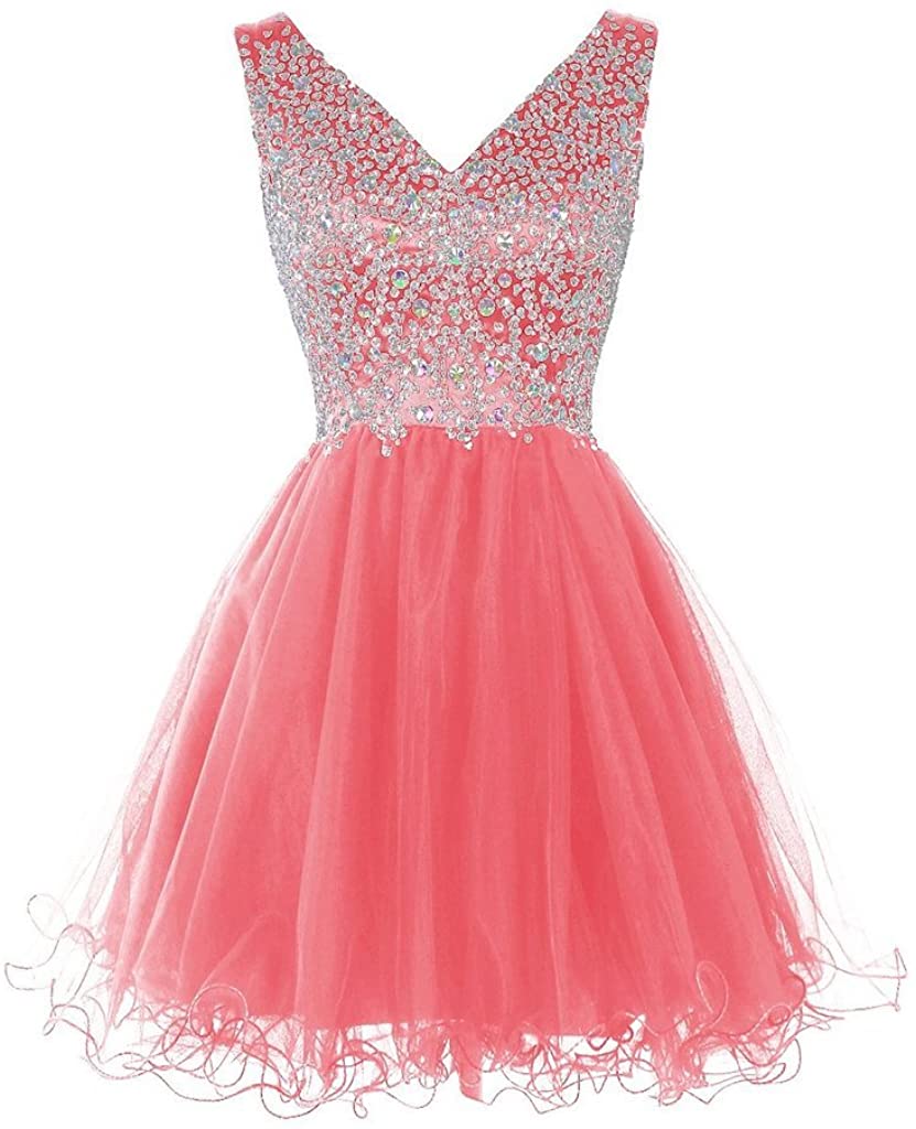 Price:$79.00    Snowskite Women's Short V-Neck Beaded Tulle Cocktail Party Homecoming Dress  Clothing