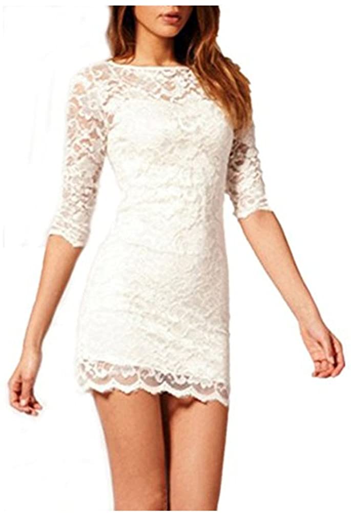 Price:$9.99 HEYFAIR Women's Mini White Lace Bodycon Dress Cocktail Wedding Party Dresses at Amazon Women’s Clothing store