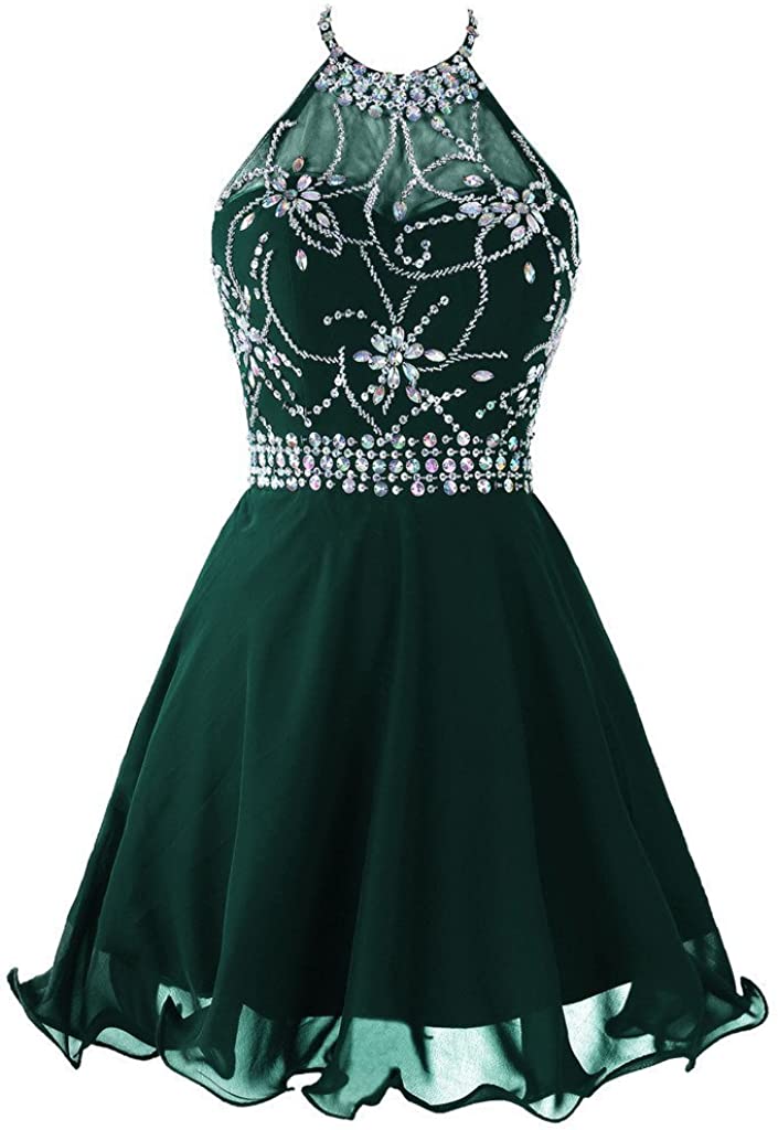 Price:$79.99    SDRESS Women's Beaded Rhinestones Halter Short Chiffon Ball Gown Cocktail Dress  Clothing